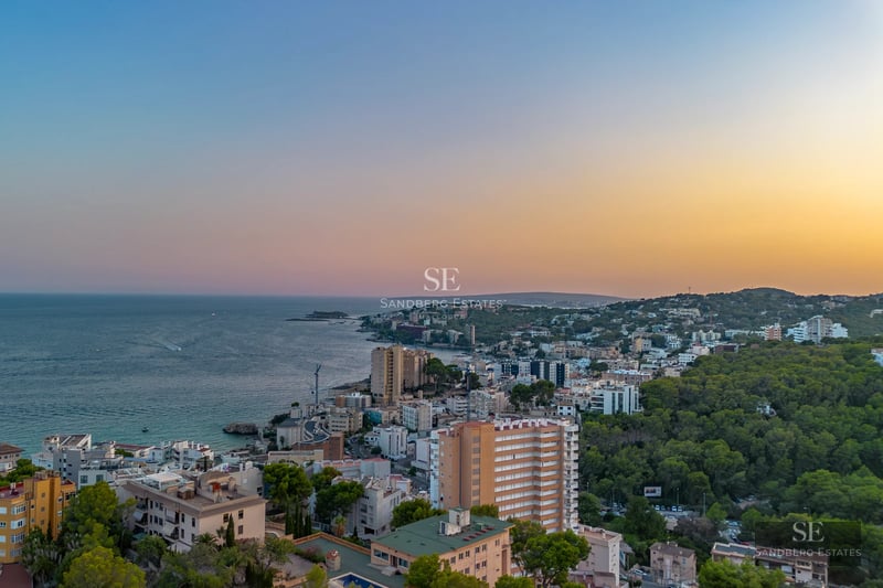 Exterior view of a modern villa featuring an infinity pool, garden, and spacious terraces. Minimalist design with abundant natural light.
