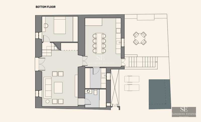 Spacious living room with floor-to-ceiling windows, modern fireplace and access to the pool terrace. Minimalist, elegant design.