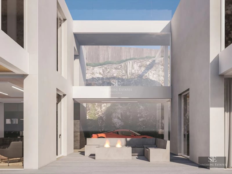 Panoramic view of a modern residence featuring an infinity pool and expansive terraces overlooking the sea. Minimalist and luxurious design.