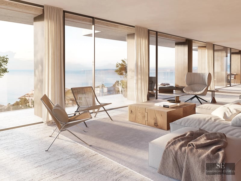 Exterior view of a modern house with a pool, garden, and large windows reflecting natural light. Minimalist architecture.