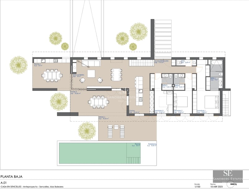 Image of a modern villa with a pool. Minimalist architecture, large windows and lush landscaping. Warm lighting.