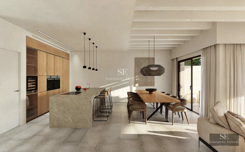 Expansive terrace featuring an infinity pool, ocean views. Minimalist design, modern furniture, and lush tropical garden.