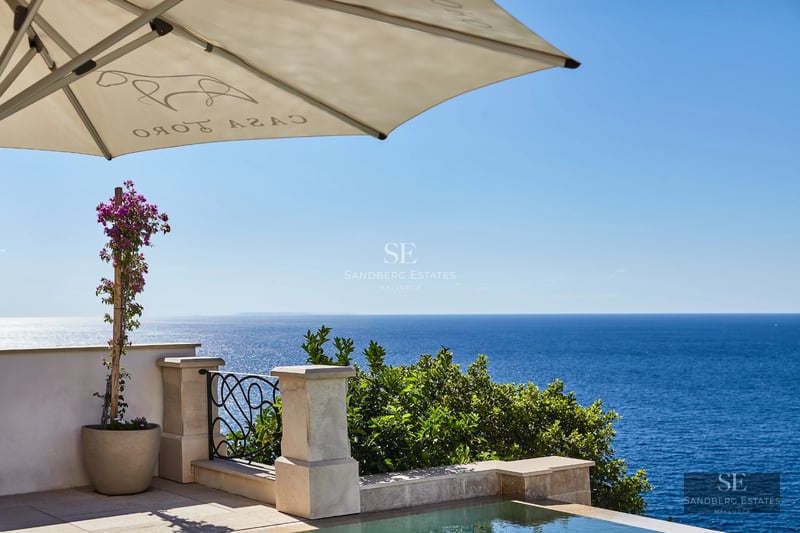 Exterior of a modern villa with infinity pool, large terraces, and panoramic sea views. Sleek and minimalist design.