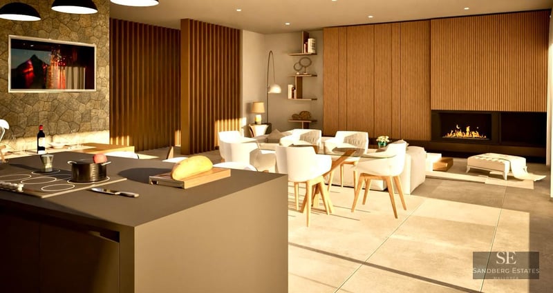 Elegant open-plan living area featuring wood slat walls, a modern fireplace, white furniture, and warm ambient lighting.