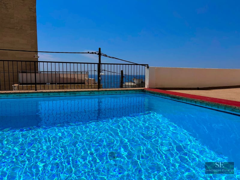 Clear blue rooftop swimming pool with a black railing overlooking the sea under a bright blue sky.