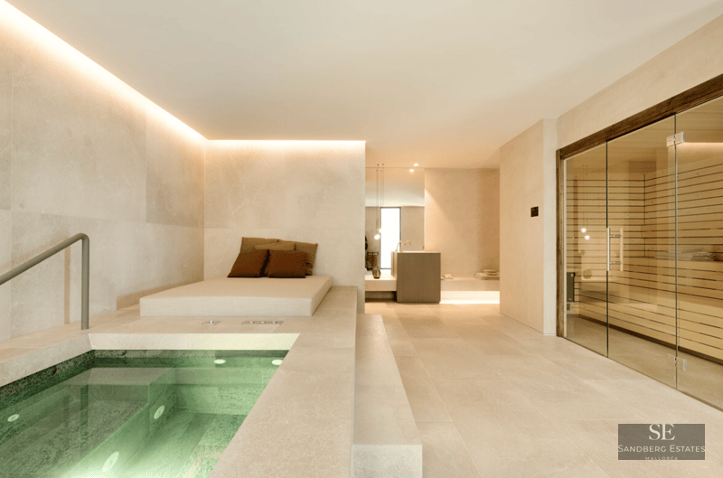Modern indoor spa featuring a small square pool, a lounging daybed, and a glass-walled wooden sauna.