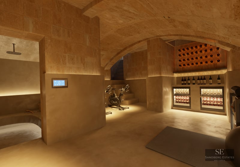 Underground wellness suite with vaulted stone ceilings, featuring exercise bikes, a wine cellar, and a steam room.