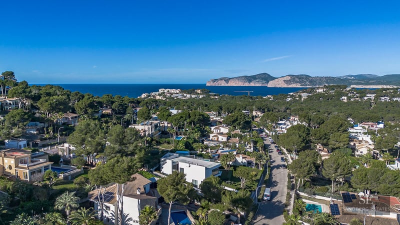Drone shot of a coastal neighborhood featuring luxury homes, pine trees, and the Mediterranean Sea in the background.