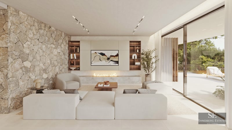 Modern bright living room with large white modular sofa, linear fireplace, and a natural stone accent wall.
