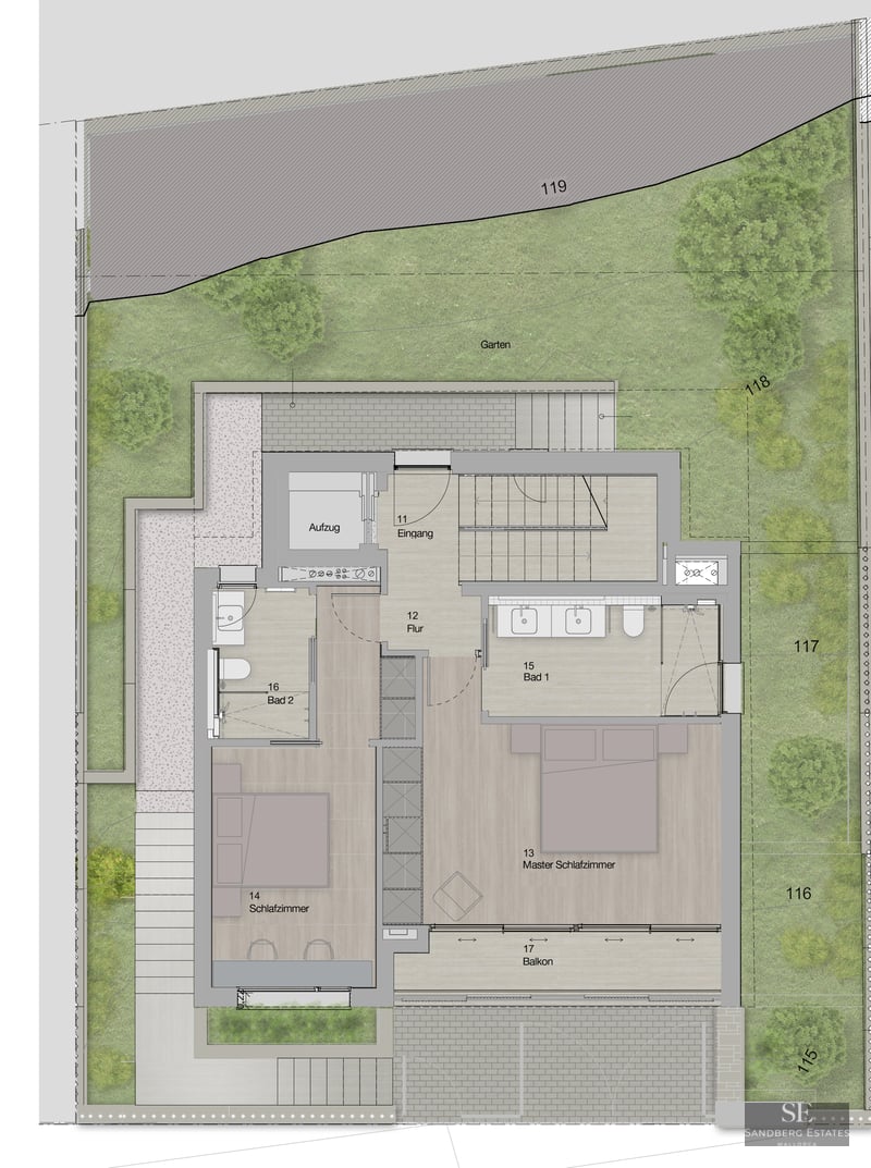 Detailed architectural floor plan showing two bedrooms, bathrooms, and surrounding garden area.
