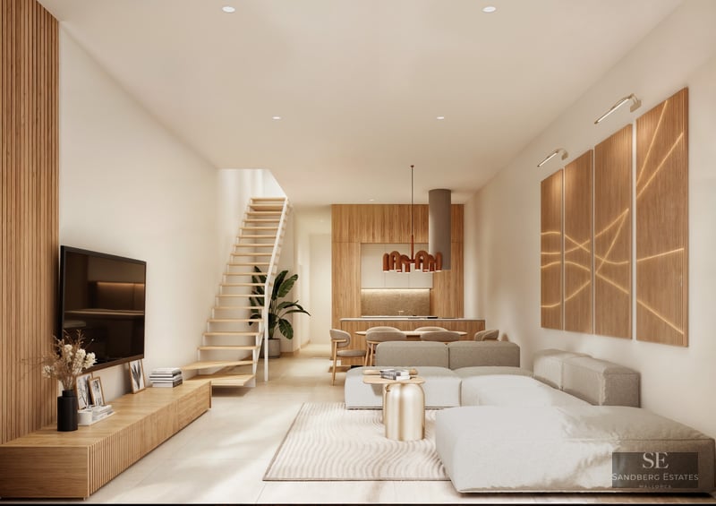 Modern living room with a large modular sofa, light wood staircase, and slatted wood wall panels in a bright interior.