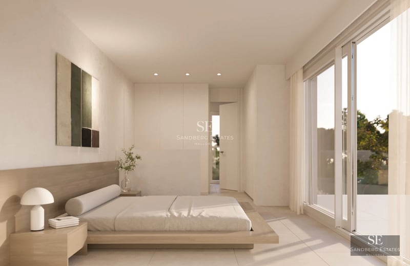 Exterior view of a modern villa featuring a pool, lush garden, and minimalist architecture. Warm lighting and elegant design.