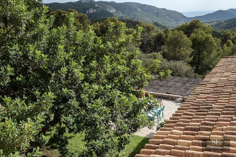 Terracotta roof overlooking a stone patio with teal chairs, surrounded by lush trees and distant mountains under a clear sky.