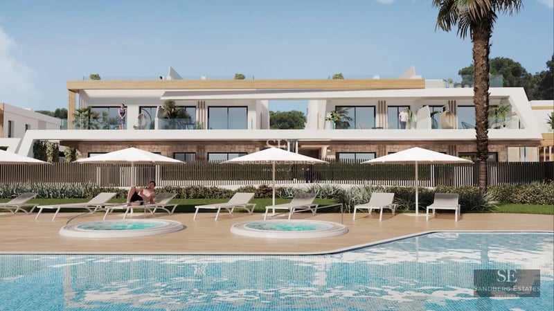 Exterior of modern villa featuring turquoise pool, spacious terrace and minimalist architectural design. Manicured garden.