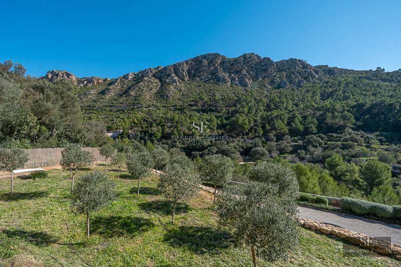 Modern facade with reflective pool. Large windows, exposed concrete, minimalist garden. Warm lighting, partly cloudy sky.