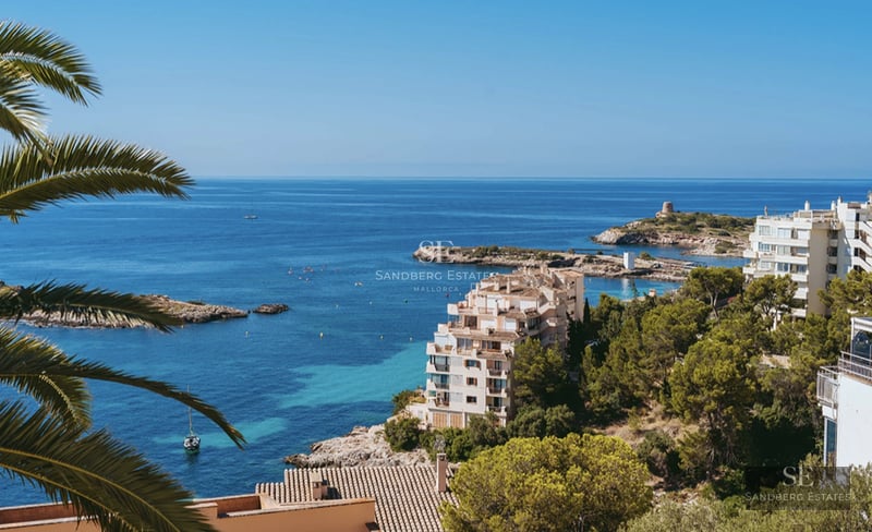 Exterior view of modern villa with reflecting pool, landscaped garden, and minimalist architecture. Luxurious design with expansive windows.