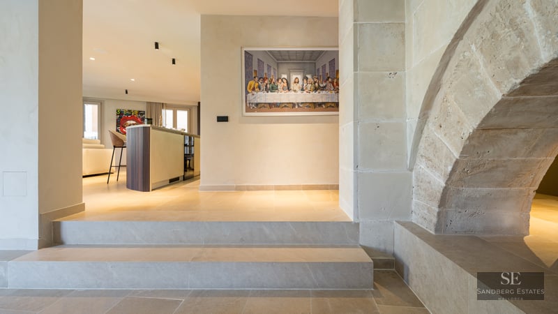 Interior entrance featuring stone steps, a rustic stone arch, and a modern kitchen in the background.