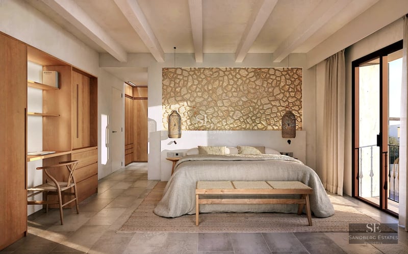 Exterior view of a modern villa with a sparkling blue pool, palm trees, and minimalist architecture. Warm natural lighting.