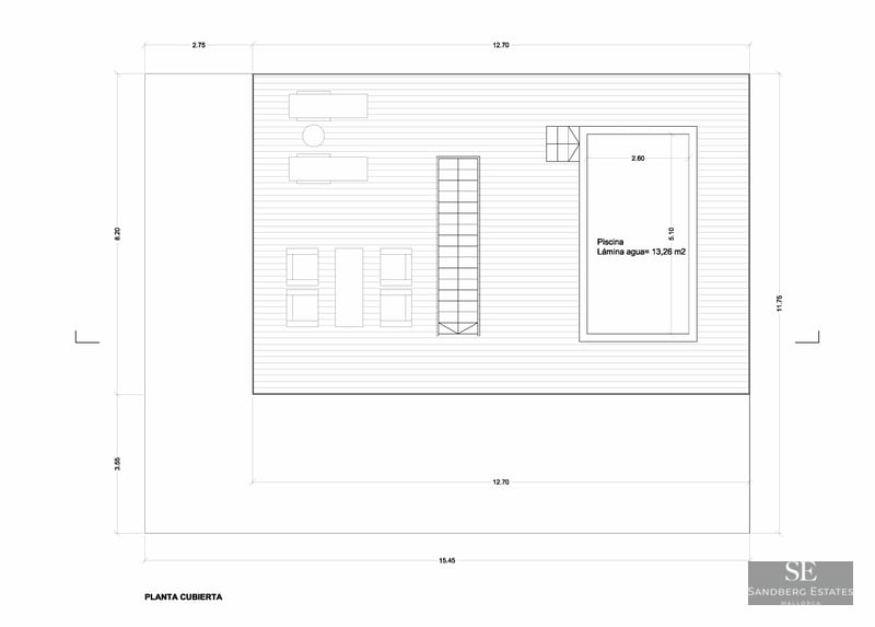 Technical architectural plan of a rooftop terrace showing a pool, lounge area, and sunbeds with dimensions.