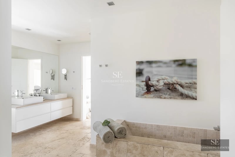 Exterior of a modern villa with pool. Minimalist architecture, large windows, pool, and garden. Natural lighting.