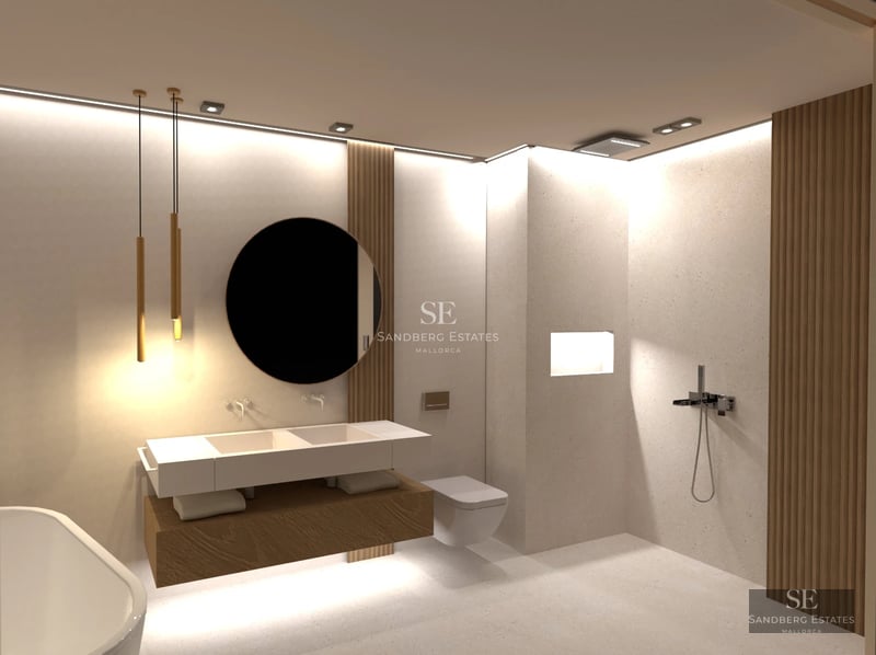 Exterior view of a modern villa with an infinity pool, lush garden, and minimalist architectural design. Soft lighting.