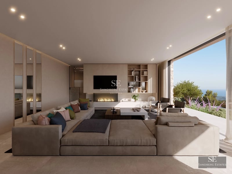 Exterior view of a modern villa with infinity pool. Large windows, terrace, and minimalist design. Lush garden.