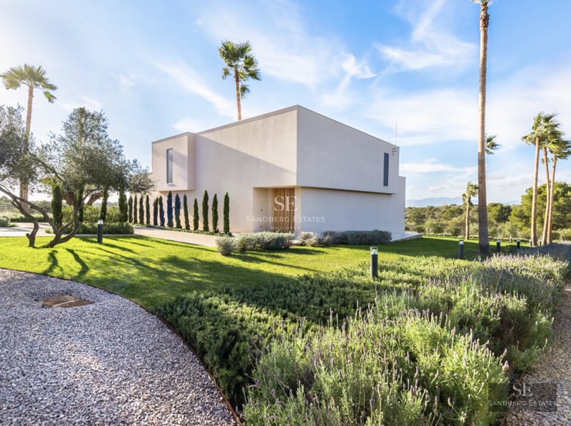 View of a luxurious modern villa with pool. Sleek design, large windows, sunny terrace, and lush greenery.