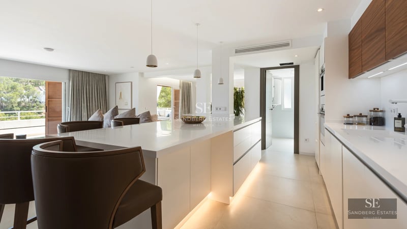 View of modern villa with infinity pool, sun loungers, and large garden. Minimalist architecture and natural light.