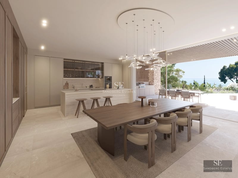 Bright, spacious living room with direct pool access. Wood floors, large windows, and modern design. Elegant, minimalist furniture.