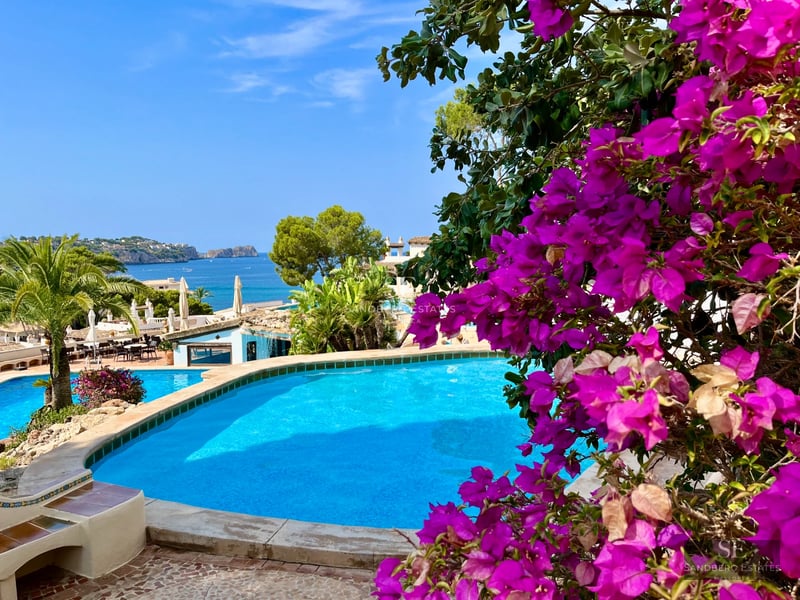 Bright living room with large windows, private pool, wood floors, and modern fireplace. Elegant design and spectacular views.
