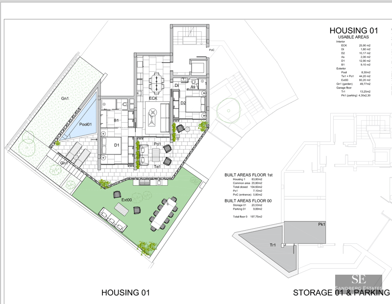 Detailed architectural floor plan showing interior rooms, outdoor garden, pool, and parking layout.