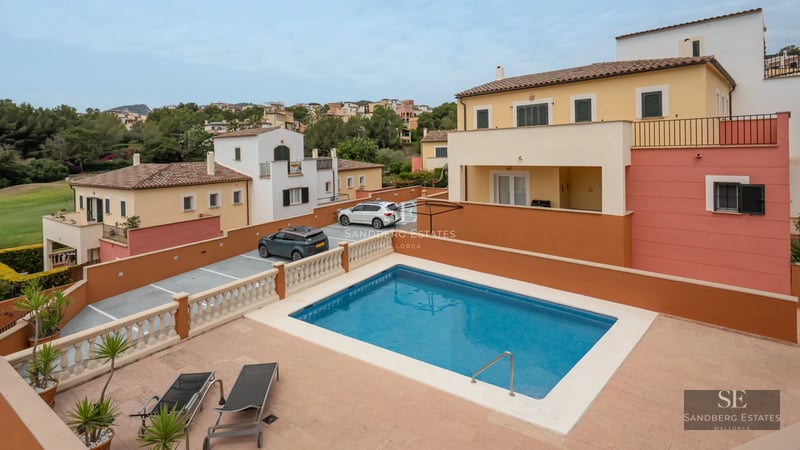 Exterior view of modern house with pool, lush garden, and high-quality finishes. Minimalist architecture.
