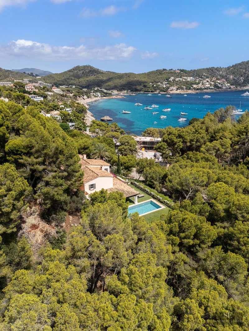 Aerial view of a terracotta-roofed villa with a private pool surrounded by a dense pine forest overlooking a turquoise bay.