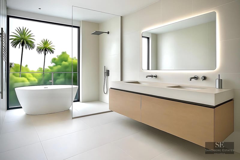 Modern bathroom with freestanding tub by a palm tree view window, floating double vanity, and backlit mirror.