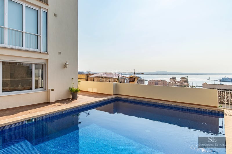 View of infinity pool with curved edge. Green garden, modern white house with large windows. Blue sky reflected in water.