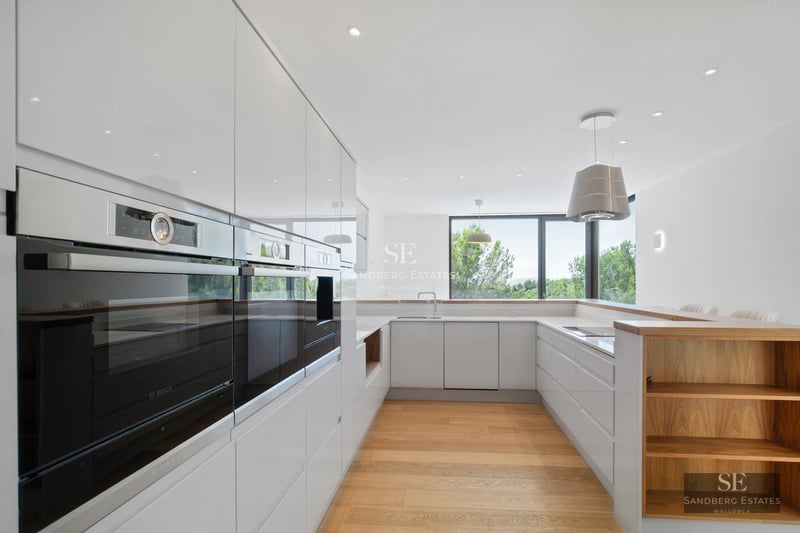 Exterior view of a modern villa with pool and lush garden. Minimalist architecture, large windows, and high-quality finishes.