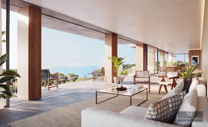 Exterior view of a modern villa with pool, lush garden, and large windows. Minimalist architecture and manicured landscaping.