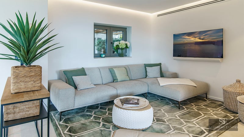 Interior view of a contemporary living room featuring a grey sectional sofa, green geometric rug, and wall-mounted TV.