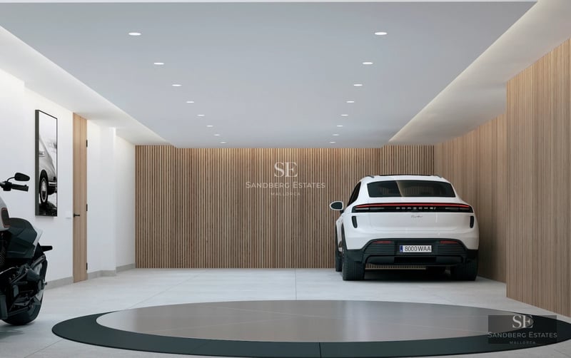 Exterior view of modern villa with infinity pool, lush garden, elegant design and spacious terraces. Warm ambient lighting.