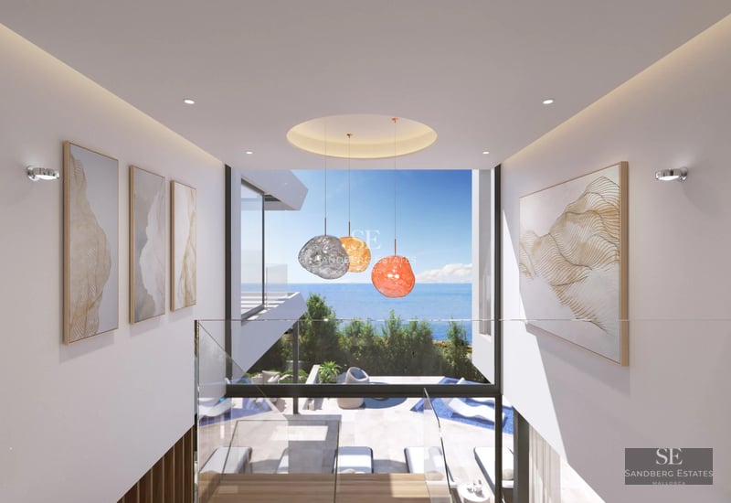 Exterior view of a modern villa featuring an infinity pool, lush garden, and spacious terrace. Minimalist and elegant design.