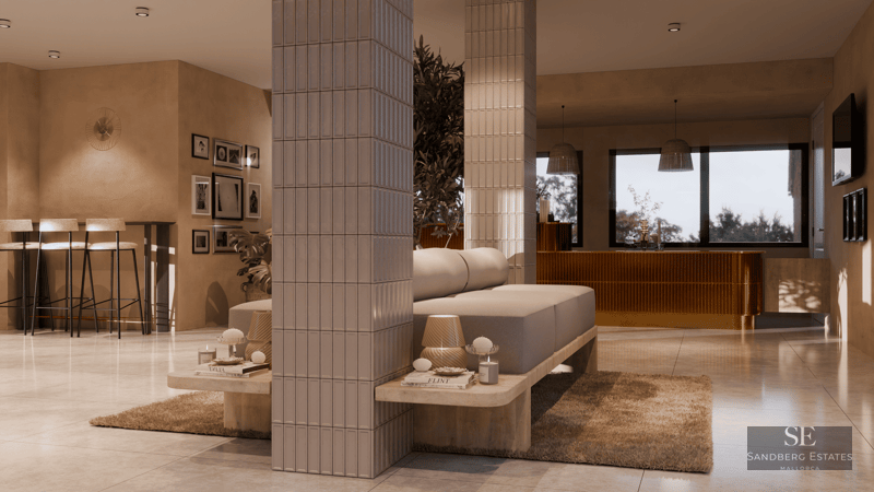 Salon moderne avec piliers texturés, canapé design et éclairage d'ambiance chaleureux.