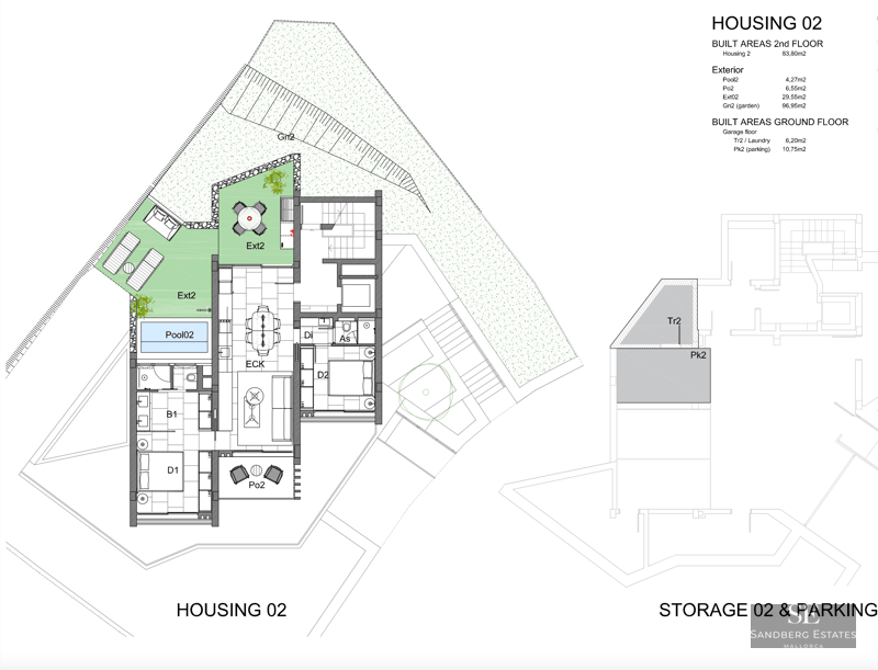 Detailed 2D floor plan showing the layout of a residence with a pool, terrace, and parking areas.