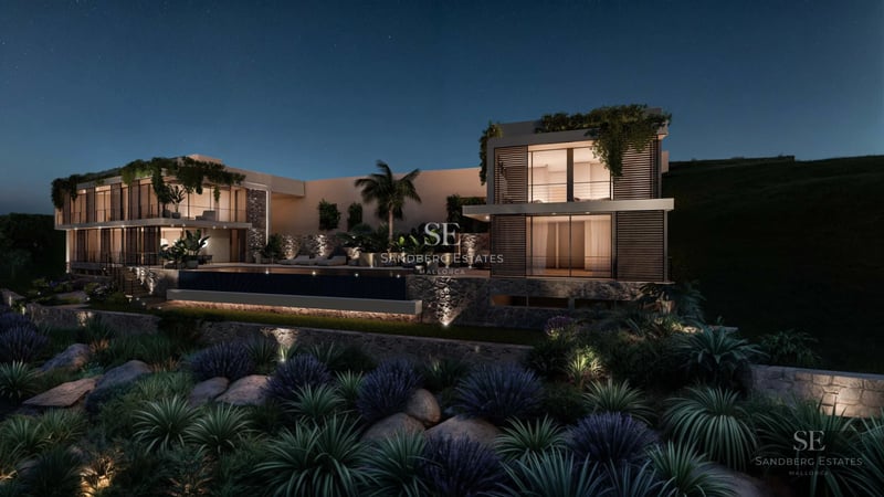 Modern facade with pool and garden. Large windows, minimalist architecture, abundant natural light. Elegant landscaping design.