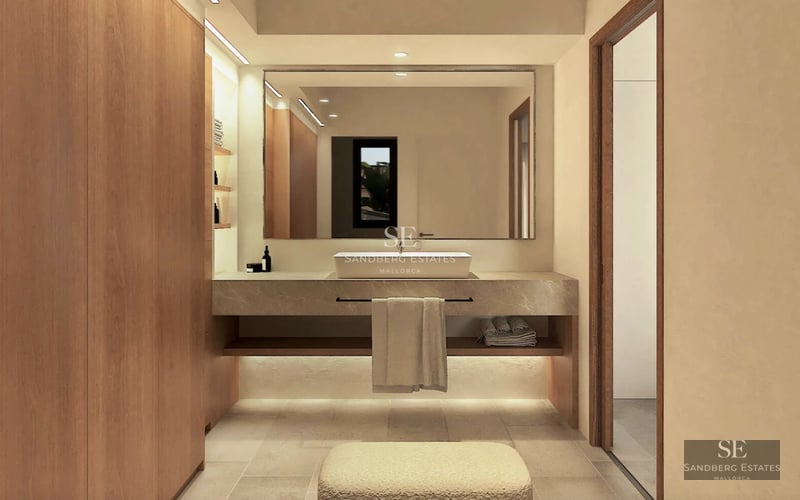 Spacious living room featuring large windows, reflective pool, and modern furniture. Wood details and abundant natural light.