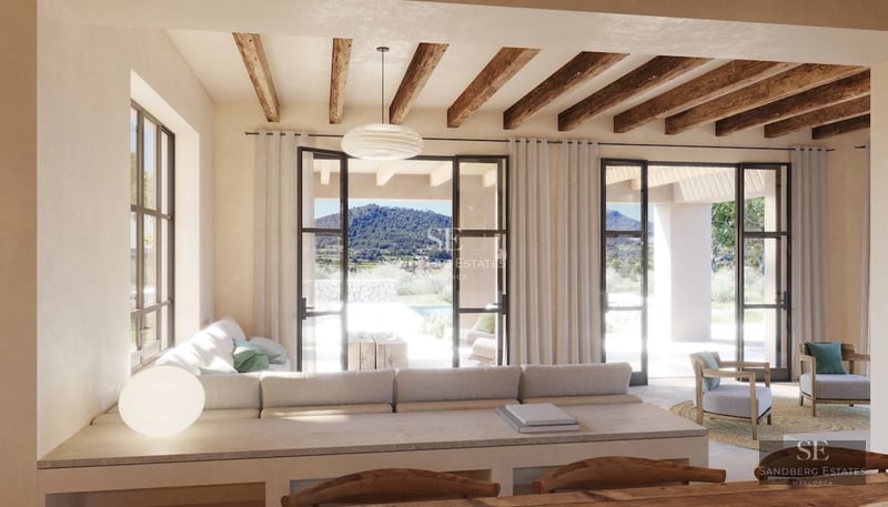 Exterior view of a modern villa featuring an infinity pool, spacious terrace, glass windows, and minimalist design. Lush vegetation.