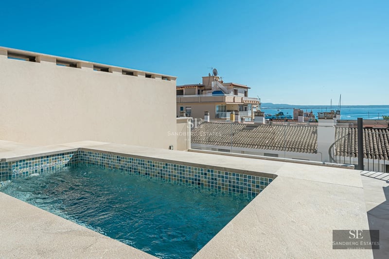 Exterior view of a modern villa with infinity pool, lush garden and spacious terraces. Minimalist architecture, luxurious finishes.