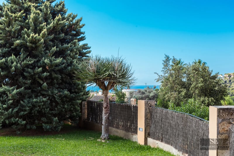 Pool view with sun loungers, palm trees and modern villa in the background. Clear blue sky and lush vegetation.