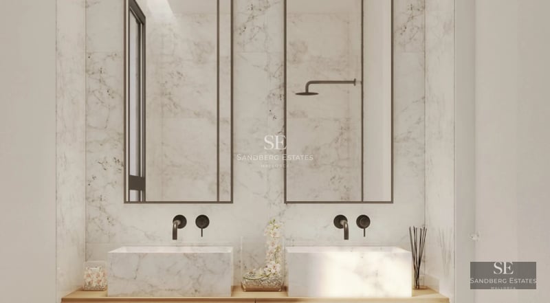 Exterior view of a modern villa with infinity pool and lush garden. Minimalist architecture with large windows.