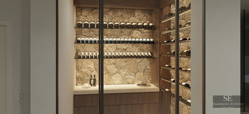 Modern wine cellar with glass doors, natural stone walls, and illuminated wine shelving.