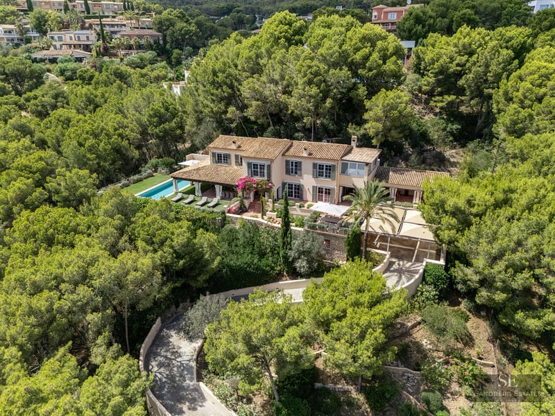 Aerial shot of a luxury Mediterranean villa with a pool, terracotta roof, and lush green forest surroundings.